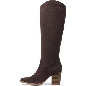 Womens Suede Chocolate Side Zipper Knee High Pointed Toe Chunky Heel Tall Boots